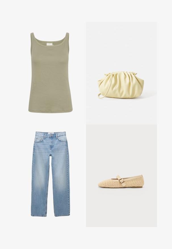 Rjava trench plašč z teksturirano površino, dvojnim zapenjanjem, širokim ovratnikom, pasom in zavihanimi manšetami.; Olivno zelena bombažna majica brez rokavov z okroglim izrezom, tesno prileganje in brez vidnih vzorcev. Gladka tekstura, zaključena z ravno obrobo.; Svjetloplave traperice s ravnim nogavicama, stilom s pet džepova i vidljivim detaljima šivanja. Tkanina ima mekanu, malo izbljedjenu teksturu.; Bež vzorčaste balerinke s koničastim nosom, ki imajo dekorativno zaponko in nizko profilno zasnovo. Mehka tekstura s preprostim dizajnom.; Rumena nabirana torbica iz gladke umetne kože, ki ima mehko obliko, en ramenski trak in nabran vrhnji del.