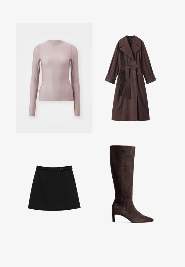 Ruskea trench-takki, jossa on teksturoitu pinta, kaksoisnapitus, leveä kaulus, vyötäröllä oleva vyö ja käärityt hihat.; Pitkähihainen paita vaaleanliilassa, valmistettu läpikuultavasta kankaasta, joka on muotoiltu tiukasti vartalon mukaan. Siinä on pyöreä kaula-aukko ja sileä pinta.; Mustat A-linjaiset hameet, jotka on valmistettu sileästä kankaasta, jossa on tiukka vyötärö ja pieni hopeinen koriste yksityiskohtana vyötäröllä.; Ruskista nahasta valmistetut polvipituiset saappaat, jossa on terävä kärki ja 3 tuuman korkeus. Suora pinta, sulavalinjainen muotoilu ja minimalistinen tyyli.