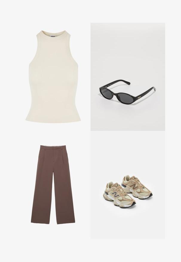 Brun trenchcoat med en strukturerad yta, dubbelknäppt design, bred krage, midja med bälte och uppvikta manschetter.; Ribbad ärmlös topp i ljusbeige med hög krage och åtsittande form, tillverkad av ett mjukt, stretchigt material för komfort.; Vida byxor i enfärgad brun tyg, med en slät textur, främre veck och en skräddarsydd midja. Inga synliga logotyper eller mönster.; Beiga sneakers i mesh och mockamaterial. Har en svart logotyp och texturerade detaljer. Tjock vit mellansula och svart gummisula.; Svarta solglasögon med rundade linser, glänsande plastbåge och "QUAY"-logotyp i guld på sidan. Har mörka tonade linser.; Gul veckad handväska i slät konstläder, med en mjuk form och en enda axelrem samt en rynkad toppdesign.