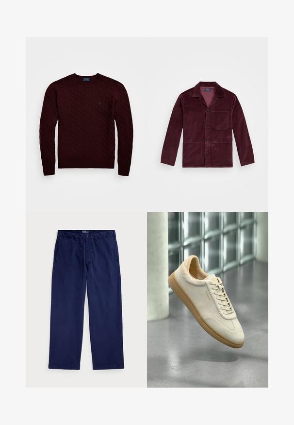 Casaco de veludo em cor bordeaux com colarinho cortado, fecho dianteiro por botão, bolso no peito e dois bolsos inferiores. Textura suave com riscas visíveis.; Sweater de malha bordô com um padrão de trança, gola redonda, bainha e punhos canelados, apresentando um pequeno logótipo verde no peito.; Chino de algodão azul-marinho com um design de perna reta, apresentando bolsos laterais e um fecho de botão na cintura. Textura suave, ajuste clássico.; Sapatilha de camurça bege com sola texturizada em borracha cor de caramelo. Apresenta atacadores planos, biqueira arredondada e marcação subtil na lateral. Colarinho levemente acolchoado.