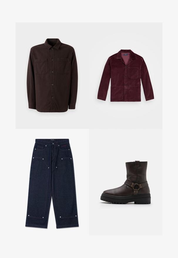 Burgundi spalvos korduroy švarkas su įpjoviniu apykakle, priekyje mygtukais užsegamas, krūtine kišenė ir dvi apatinės kišenės. Lygus paviršius su matomais šonkauliais.; Tamsiai rudas marškinėlių švarkas, pagamintas iš minkštos medžiagos, turi dvi priekines kišenes, mygtukų užsegimą ir klasiką apykaklės dizainą.; Tamsaus džinsinio audinio plačios kojos kelnės su dviem priekinėmis kišenėmis, sidabriniais detalių akcentais ir kontrastinga raudona siūle. Sukurtos su mygtukų uždarymu ir prekės ženklo logotipu.; Ruda odinė kulkšnė batai su kvadratiniu pirštu, sagties akcentais ir storu juodu padu. Yra šoninis užtrauktukas ir tekstūruotas paviršius.