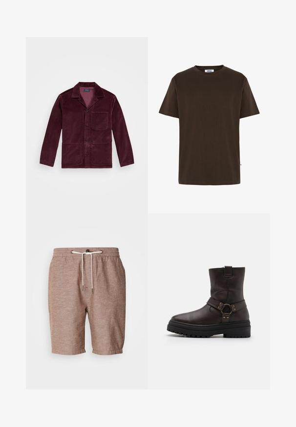 Bordeaux corduroy jacket met een opstaande kraag, sluiting met knopen aan de voorkant, borstzak en twee onderzakken. Soepele textuur met zichtbare ribbels.; Minimum AARHUS - T-shirt basic - 1914 seal brown; Korte broeken van bruin linnen met een elastische tailleband, trekkoordsluiting en opgerolde zoom. Bevat subtiele textuur en minimale designelementen.; Bruine leren enkelboot met een vierkante neus, gespsaccenten en een dikke zwarte zool. Voorzien van een zijrits en een gestructureerd oppervlak.