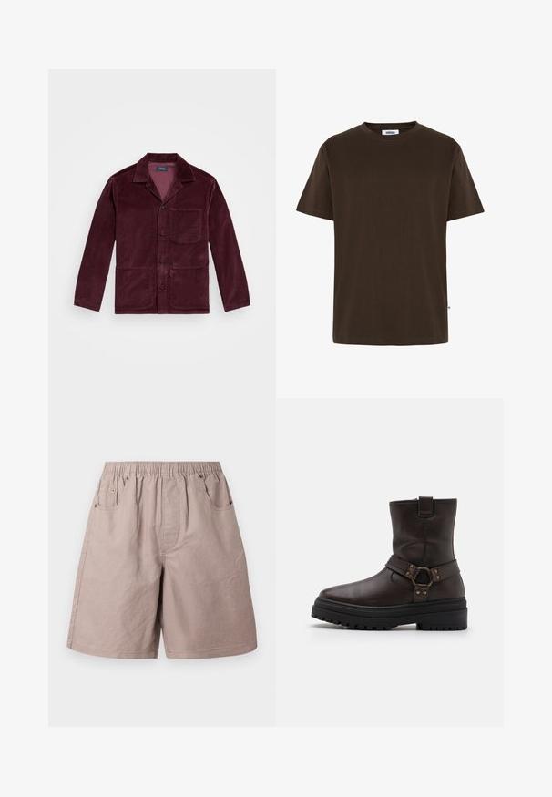 Burgundi spalvos korduroy švarkas su įpjoviniu apykakle, priekyje mygtukais užsegamas, krūtine kišenė ir dvi apatinės kišenės. Lygus paviršius su matomais šonkauliais.; Minimum AARHUS - Paprasti marškinėliai - 1914 seal brown; Bežiniai medvilniniai šortai su elastinga juosta, dviem šoninėmis kišenėmis ir subtiliais siuvinėjimo akcentais. Lygi tekstūra, iki kelių siekiantis dizainas.; Ruda odinė kulkšnė batai su kvadratiniu pirštu, sagties akcentais ir storu juodu padu. Yra šoninis užtrauktukas ir tekstūruotas paviršius.