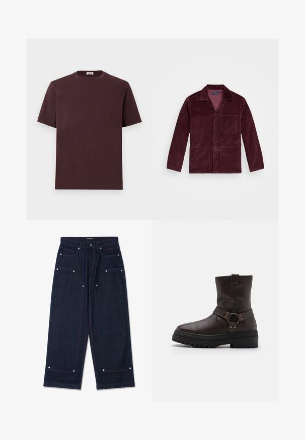 Bordeaux kordfløjl jakke med en notch krave, front knaplukning, brystlomme og to nederste lommer. Glat tekstur med synlig ribbing.; Burgundy bomulds T-shirt med rund halsudskæring, korte ærmer og afslappet pasform. Ingen synlige logoer eller mønstre. Blød tekstur.; Mørk denim bredbukser med to frontlommer, sølvhardware-detaljer og kontrasterende rød syning. Har knaplukning og brandlogo.; Brun læder ankelstøvle med firkantet tå, spændeaccenter og en tyk sort sål. Har en sidelukning med lynlås og tekstureret overflade.