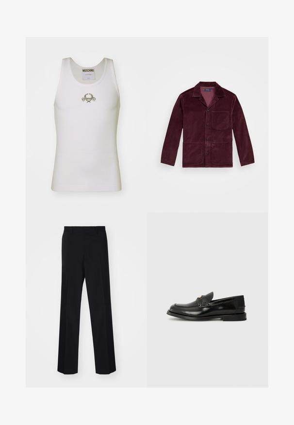 Burgundy corduroy jacket with a notched collar, front button closure, chest pocket, and two lower pockets. Smooth texture with visible ribbing.; White ribbed tank top featuring a gold embroidered logo with decorative accents, round neckline, and sleeveless design.; Black tailored trousers with a wide-leg design, featuring a smooth texture and sharp creases, made from a woven fabric.; Black leather loafer with a rounded toe, decorative stitching, and a small front flap. Flat rubber sole with minimal heel.