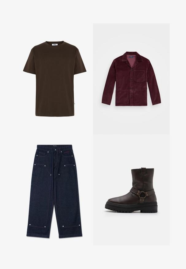 Bordový kordový sak s vykrojeným golierom, predným gombíkovým zapínaním, náprsného vrecka a dvomi dolnými vreckami. Hladký povrch s viditeľným ryhovaním.; Minimum AARHUS - Základné tričko - 1914 seal brown; Tmavé denim nohavice so širokými nohavicami, dvoma prednými vreckami, detailmi zo strieborného kovu a kontrastným červeným prešívaním. Obsahujú zapínanie na gombík a logo značky.; Hnedé kožené členkové topánky so štvorcovými špičkami, ozdobnými prackami a hrubou čiernou podrážkou. Obsahujú bočný zips a textúrovaný povrch.