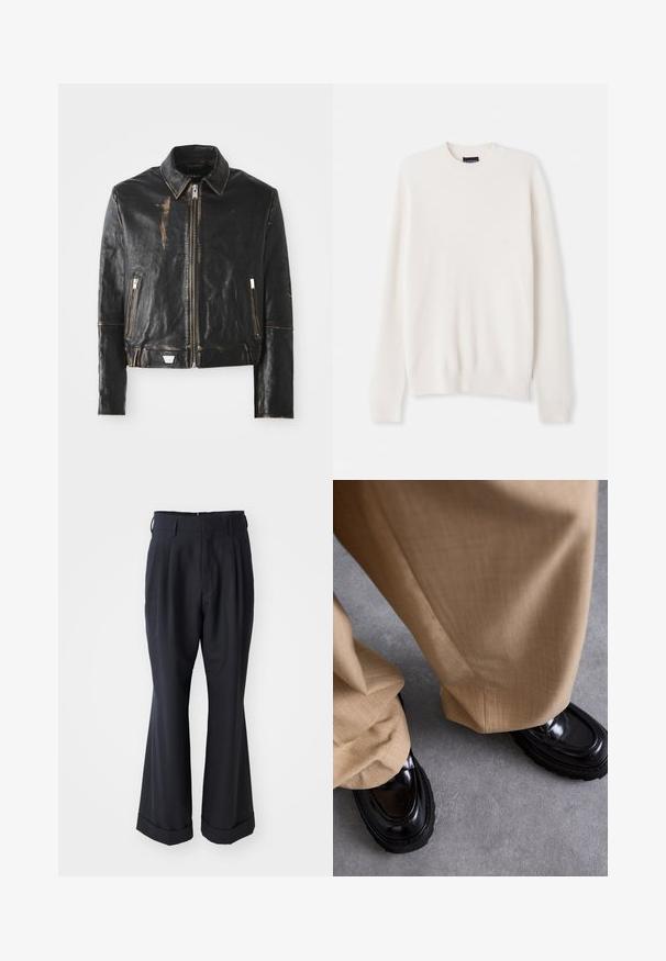 Veste en cuir noire avec un col classique, fermeture éclair à l'avant, deux poches zippées et finition vieillie mettant en valeur la texture et le design.; Pull en tricot côtelé blanc avec un col rond et des manches longues. Présente une petite broderie de logo sur la poitrine. Texture douce, design ajusté.; Pantalons noirs ajustés avec une coupe décontractée, devant plissé et jambes larges. Caractéristiques d'un ourlet à retournement et d'une texture de tissu lisse.; Pantalons beiges avec une finition texturée, associés à des mocassins noirs brillants dotés d'une semelle épaisse et de coutures accentuées.