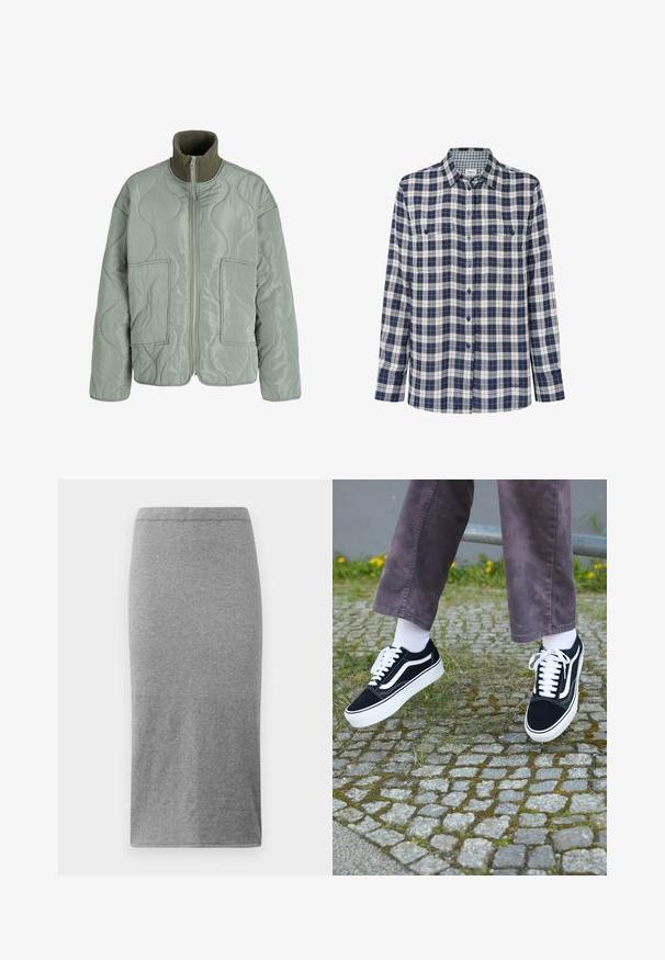 Ovratna jakna v svetlo zeleni barvi, s visokim ovratnikom, dvema sprednjima žepoma, gladko teksturo in zadrgo.; Karirana flanelasta srajca v mornarsko modri, beli in rdeči barvi. Dolgi rokavi, gumbasta zapenjanja, dva žepa na prsih ter subtilen logotip na robu.; Siva, kratka krila do kolen, izdelana iz mehkega, raztegljivega blaga. Ima preprost, telesu prilegajoč dizajn z elastičnim pasom in gladko teksturo.; Črne semiš teniske z belimi akcenti, s krožno prstom, debelim belim podplatom in klasičnim vezanjem, nošene z belimi nogavicami in vijoličnimi hlačami.