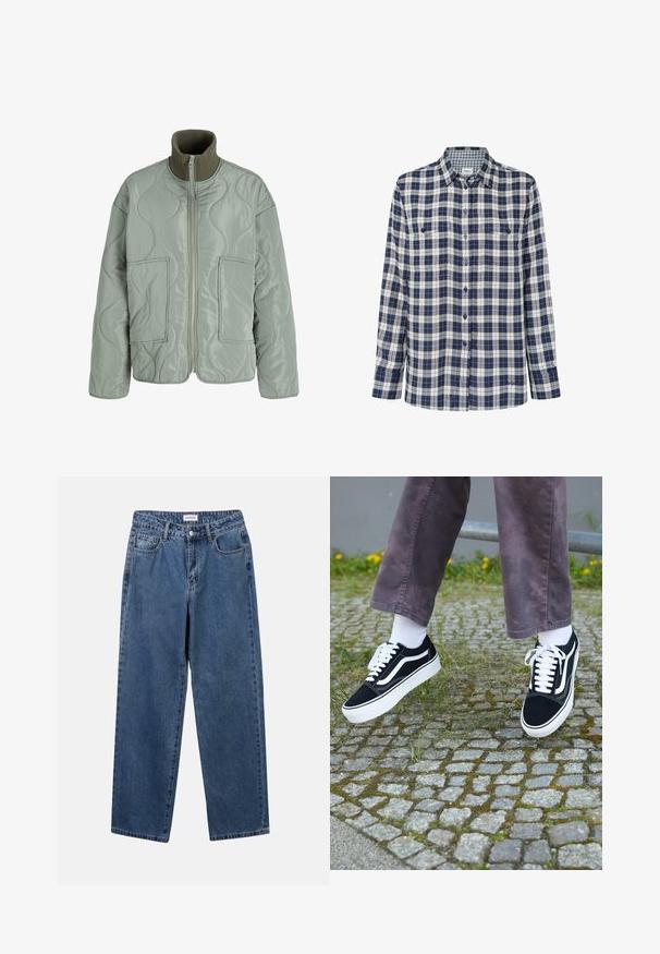 Prošívaná bunda ve světle zelené barvě, s vysokým límcem, dvěma předními kapsami, hladkým povrchem a zipovým uzávěrem.; Kostkovaná flanelová košile v námořnické modři, bílé a červené. Dlouhé rukávy, zapínání na knoflíky, dvě náprsní kapsy a decentní logo na lemu.; Klasické modré džíny z denimu se střihy rovné nohy, pěti kapsami a zapínáním na knoflík. Mají střední odstín a odolnou texturu.; Černé semišové tenisky s bílými akcenty, s zaoblenou špičkou, silnou bílou podrážkou a klasickým šněrovacím designem, nošeny s bílými ponožkami a fialovými kalhotami.