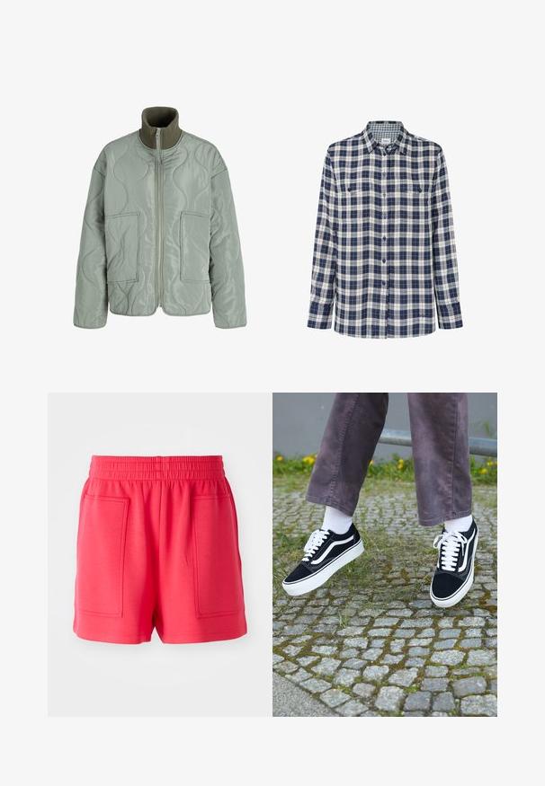 Gulēta jaka gaiši zaļā krāsā ar augstu apkakli, divām priekšējām kabatām, gludu tekstūru un rāvējslēdzēja aizdari.; Raibspalvots flaneļa krekls tumši zila, balta un sarkana krāsā. Garas piedurknes, pogāta fronte, divas krūšu kabatas un diskrēta logo apakšmalā.; Sarkani sporta šorti, izgatavoti no viegla auduma, ar elastīgu jostu un divām lielām priekšējām kabatām. Gluda tekstūra, ceļu garuma griezums.; Melni zamšādas sporta apavi ar baltiem akcentiem, ar apaļu purngalu, biezu baltu zoli un klasisku šņorēšanas dizainu, uzvilkti ar baltām zeķēm un violetām biksēm.