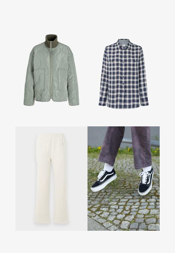 Ovratna jakna v svetlo zeleni barvi, s visokim ovratnikom, dvema sprednjima žepoma, gladko teksturo in zadrgo.; Karirana flanelasta srajca v mornarsko modri, beli in rdeči barvi. Dolgi rokavi, gumbasta zapenjanja, dva žepa na prsih ter subtilen logotip na robu.; Kremne trenirke s elastičnim pasom in diskretnim logotipom "GAP" na zgornjem levem boku, prikazane na beli podlagi.; Črne semiš teniske z belimi akcenti, s krožno prstom, debelim belim podplatom in klasičnim vezanjem, nošene z belimi nogavicami in vijoličnimi hlačami.