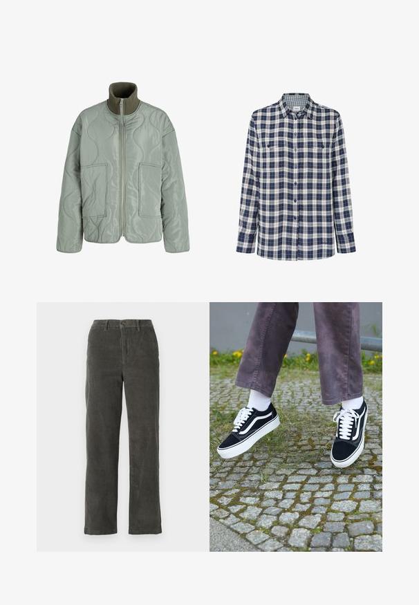 Vaatetettu takki vaaleanvihreänä, jossa on korkea kaulus, kaksi etutaskua, sileä pinta ja vetoketjusuljenta.; Ruudullinen flanellipaita tummansinisenä, valkoisena ja punaisena. Pitkät hihat, napit edessä, kaksi rintataskua ja huomaamaton logo helmassa.; Harmaat corduroy-housut, joissa on vyötärö, etupainike ja kaksi sivutaskua. Suora lahje ja ribbipinta.; Mustat mokkanahkakengät valkoisilla yksityiskohdilla, joissa on pyöristetty kärki, paksu valkoinen pohja ja klassinen nauhakiinnitys, käytettyinä valkoisten sukkien ja violetin housuparin kanssa.