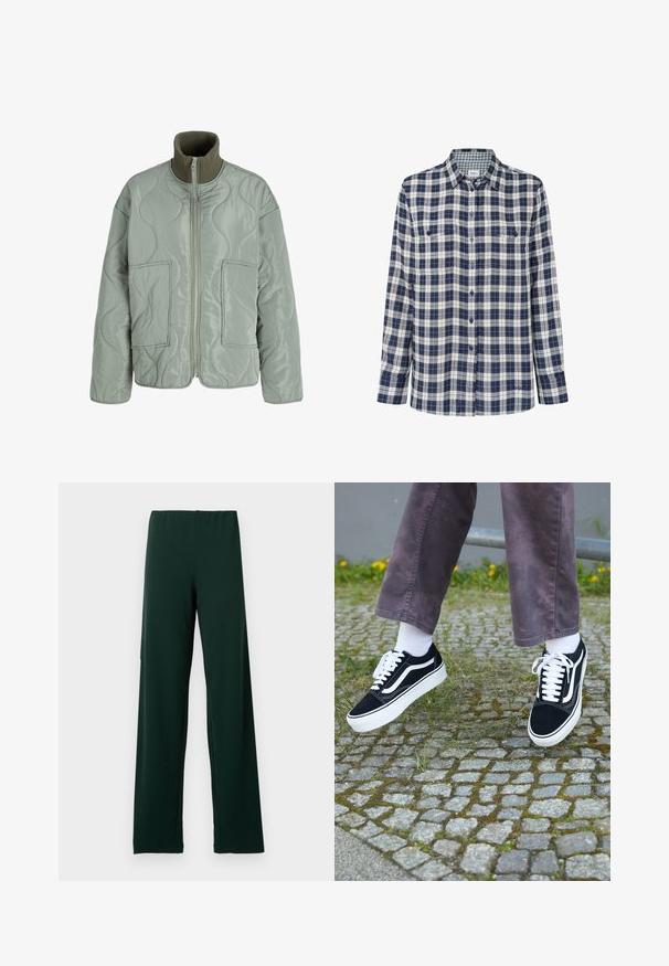 Kootud jakk helesinises, kõrge kraega, kahe eespool oleva taskuga, sileda tekstuuri ja tõmblukuga.; Tumed, valged ja punased ruudulised flanellpuserid. Pikkade varrukatega, nööbid ees, kaks rinna taskut ja diskreetne logo allääres.; Tumedatest roheline, kergest venitavast kangast püksid, millel on lai vöökoht ja laiad sääred. Valmistatud siledast kangast, millel pole nähtavaid mustreid ega riistvara.; Mustad nubukist spordijalatsid valgete detailidega, millel on ümar nina, paks valge tald ja klassikaline sidumise disain, kantud valgete sokkide ja lilla pükste juurde.