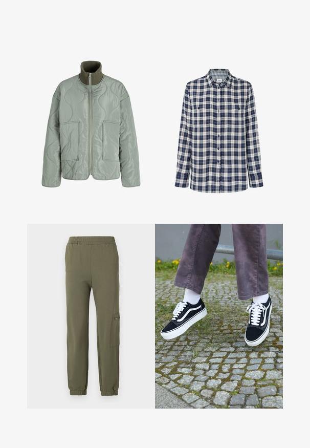 Gulēta jaka gaiši zaļā krāsā ar augstu apkakli, divām priekšējām kabatām, gludu tekstūru un rāvējslēdzēja aizdari.; Raibspalvots flaneļa krekls tumši zila, balta un sarkana krāsā. Garas piedurknes, pogāta fronte, divas krūšu kabatas un diskrēta logo apakšmalā.; Olīvzaļas sporta bikses ar elastīgu jostasvīru, sašaurinātiem aproču galiem un sānu kabatu ar rāvējslēdzēju. Mīksts, stiepjas audums.; Melni zamšādas sporta apavi ar baltiem akcentiem, ar apaļu purngalu, biezu baltu zoli un klasisku šņorēšanas dizainu, uzvilkti ar baltām zeķēm un violetām biksēm.