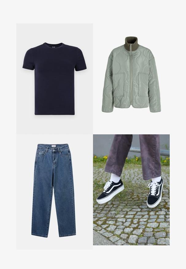 Šviesiai žalias siuvinėtas švarkas, pasižymintis aukšta apykakle, dviem priekinėmis kišenėmis, lygia tekstūra ir užtrauktuku.; Tamsiai mėlynas apvalaus kaklo marškinėliai, pagaminti iš lygaus medvilnės audinio, su trumpomis rankovėmis ir reguliarus pjūvis. Paprastas, be siūlių dizainas be raštų.; Klasikiniai mėlynos džinsinio audinio džinsai su tiesiomis kojomis, penkiomis kišenėmis ir mygtukų uždarymu. Pasižymi vidutiniu skalbimu ir tvirtu audiniu.; Juoda zomšiniai sportbačiai su baltais akcentais, suapvalintu pirštu, storu baltu padu ir klasikinis raištelių dizainas, užsidėti su baltomis kojinėmis ir purpurinėmis kelnėmis.