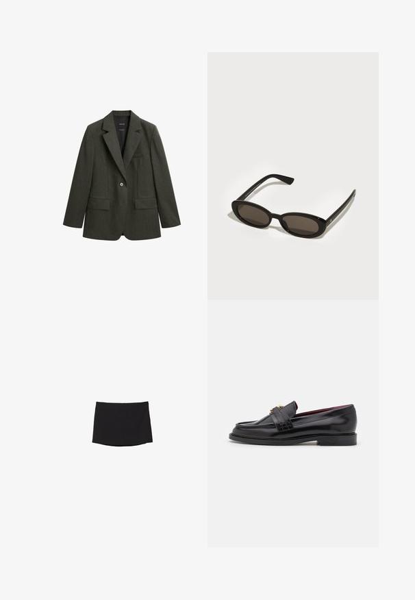 Mørkegrøn blazer lavet af tekstureret stof, med klapkraver, en enkelt knap og to forlommer.; Sort turtleneck sweater i blødt strikstof. Har lange ærmer og ribbede manchetter og kant. Enkel, klassisk design uden mønstre.; Sort miniskørt lavet af glat, strækbart stof; har et lige snit med en subtil kant og ingen synlige lukkemekanismer eller mønstre.; Sorte læder loafers med et stitched-mønster, glat tekstur, guldspænde detalje og en rund tå, sat på en lav sort sål.; Sorte solbriller med ovale, semi-besluttede linser. Glansfulde stel og slanke arme. Mørkt tonede linser med minimale hardwaredetaljer.