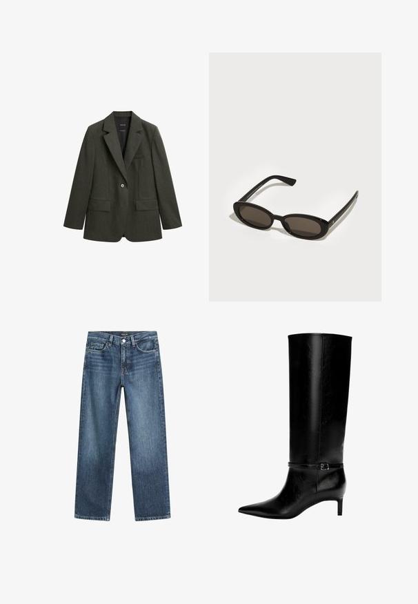 Tmavě zelený blazer vyrobený z texturované tkaniny, s klopovými límci, jedním knoflíkem a dvěma předními kapsami.; Černý rolák z měkké pleteniny. Má dlouhé rukávy a žebrované manžety a lem. Jednoduchý, klasický design bez vzorů.; Modré džínové kalhoty s rovnými nohavicemi, středně světlým omakem, pěti kapsami a předním zapínáním na knoflík. Klasické prošívání po celém obvodu.; Černá kožená vysoká bota po kolena s špičatou špičkou a malým podpatkem. Obsahuje úzký pásek s kovovou sponou kolem kotníku. Hladký povrch.; Černé sluneční brýle s oválnými, polorámovými čočkami. Lesklé rámy a štíhlé nožičky. Tmavě zabarvené čočky s minimem kovových detailů.
