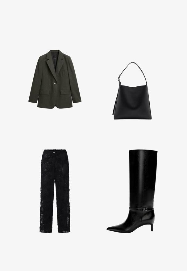 Dunkelgrünes Blazer aus strukturiertem Stoff, mit Reverskragen, einem Knopf und zwei vorderen Taschen.; Schwarzer Rollkragenpullover aus einem weichen Strickstoff. Mit langen Ärmeln sowie gerippten Manschetten und Saum. Einfaches, klassisches Design ohne Muster.; Schwarze Spitzenhose mit floralen Mustern und Verzierungen, gerades Bein, und einer Knopfverschluss vorne. Leicht und semi-transparent.; Schwarze Lederstiefel bis zum Knie mit spitzer Zehe und kleinem Absatz. Verfügt über einen schmalen Riemen mit einer metallischen Schnalle am Knöchel. Glatte Textur.; Schwarze Ledertasche mit glatter Textur, minimalistisches Design und einem einzigen, geschwungenen Schultergurt. Offenes Oberteil, keine sichtbaren Beschläge.
