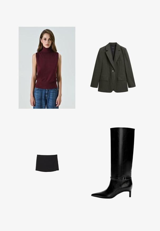 Dark green blazer made of textured fabric, featuring notched lapels, a single button, and two front pockets.; Burgundy sleeveless turtleneck top made of soft fabric, featuring a fitted waist and smooth texture, paired with blue denim wide-leg pants.; Black miniskirt made of smooth, stretch fabric; features a straight cut with a subtle hem and no visible fasteners or patterns.; Black leather knee-high boot with pointed toe and a small heel. Features a narrow strap with a metallic buckle around the ankle. Smooth texture.