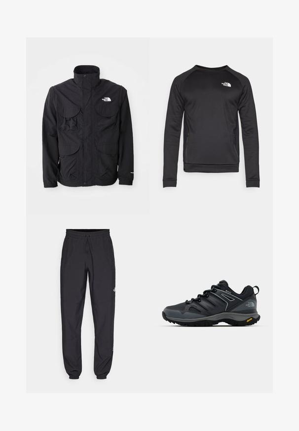 Črna jakna z visokim ovratnikom, dvema sprednjima žepoma s poklopcem, zadrgo in logotipom na zgornjem desnem delu. Lahka, zasnovana za zunanjo uporabo.; Črn dolg rokav pulover s kroga ovratnikom, izdelan iz gladkega materiala. Bočni mrežasti paneli za zračnost. Ima bel logo na prsih.; Črne atletske hlače iz lahkega materiala, ki imajo elastični pas z vezalko, stranske žepe in zožene manšete na gležnjih.; Črne pohodniške čevlje z zračnim zgornjim delom, teksturiranimi detajli, gumijastim podplatom in odsevnimi elementi. Na peti se ponaša z logotipom Vibram.