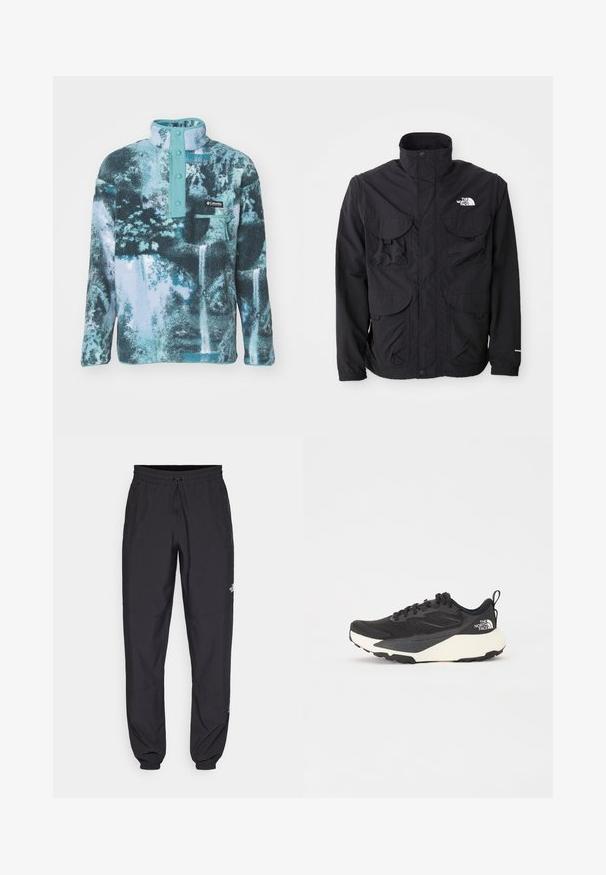 Must mustaga kõrge kraega, kahe esifliiphülsiga tasku, lukuga sulgemine ja logo ülemisel paremal küljel. Kerge, välistingimustes kasutamiseks mõeldud disain.; Sinine ja teal värvi fliispullover, millel on pool tõmblukk ja nupuga kinnised, rinna tasku ning tekstuuriga mustris pind.; Mustavad sportlikud püksid, mis on valmistatud kergest kangast, joonlauaga taljest, küljetaskudega ja kitsenevate varrukatega pahkluude juures.; Must have musta sportlik king, millel on tekstureeritud võrgu ülemine osa, soliidne mustade aktsentidega ja kerge valge tallaga. Omab kinnituspaelu ja tõmbeaset.