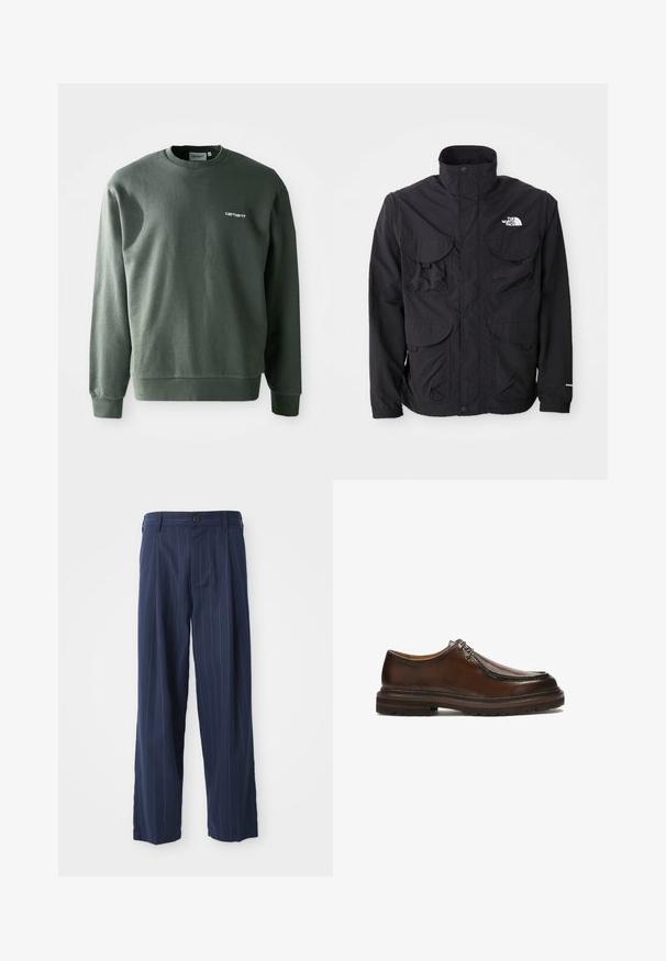 Čierna bunda s vysokým golierom, dvoma prednými vreckami so záklopkami, zipsovým uzatvorením a logom na hornej pravej strane. Ľahký, vonkajší dizajn.; Tmavozelená mikina vyrobená z bavlnenej zmesi, s okrúhlym výstrihom, ribkovými manžetami a malým bielym logom na ľavej hrudi.; Námornícky modré pruhované nohavice vyrobené z textúrovanej tkaniny; majú zapínanie na gombík, bočné vrecká a uvoľnený strih.; Hnedá kožená topánka s okrúhlou špičkou, prešitou accentmi a hrubou podrážkou s textúrovaným dezénom pre lepšiu priľnavosť. Šnurovací dizajn.