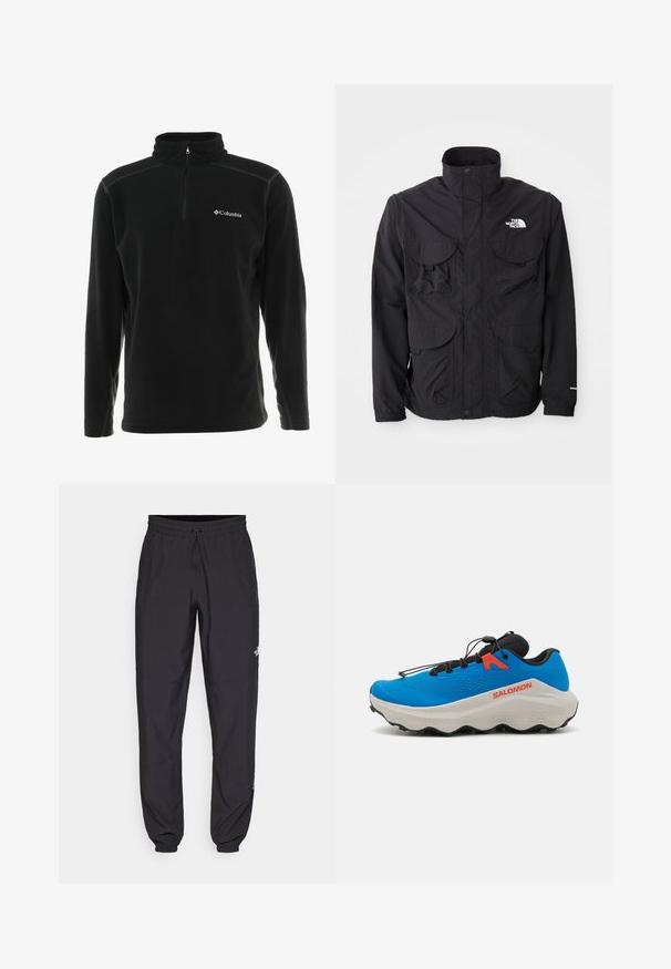 Svart jakke med høyt krage, to frontlommer med klaff, glidelås-lukking og logo på øvre høyre side. Lett, utendørs design.; Svart fleece-pullover med høy krage og kvart glidelås. Har en logo på venstre bryst og kontrasterende sømdetaljer.; Sorte idrettsbukser laget av lett stoff, med snor i livet, sidelommer og smale mansjetter ved anklene.; Blå athletic sko med en teksturert overdel, svarte detaljer, polstret hvit såle og justerbart snøresystem for en sikker passform.