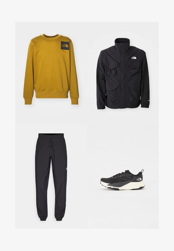 Jachetă neagră cu guler înalt, două buzunare frontale cu clapă, închidere cu fermoar și logo pe partea dreaptă sus. Design lejer, potrivit pentru exterior.; The North Face M FINE CREW - Bluză de molton - khaki; Pantaloni atletici negri, confecționați dintr-un material ușor, cu un tiv elastic la talie, buzunare laterale și tivuri ajustate la gleznă.; Shoe sportiv negru cu superior din plasă texturată, accente negre solide și talpă ușoară albă. Dispune de închidere cu șireturi și mâner de prindere.