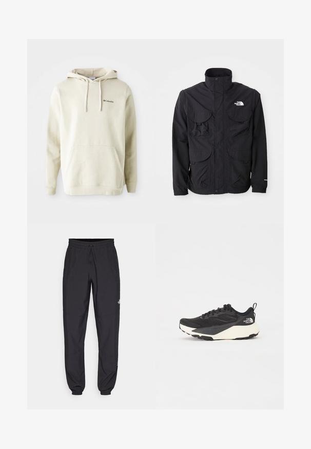 Fekete dzseki magas gallérral, két elülső hajtókás zsebbel, cipzáras záródással és logóval a jobb felső oldalon. Könnyű, kültéri kialakítás.; Tejfehér kapucnis pulóver puha anyagból, elülső kenguruzsebbel, húzózsinórral ellátott kapucnival és kicsi hímzett logóval a mellrészen.; Fekete sportnadrág, könnyű anyagból készült, húzózsinóros derékkal, oldalsó zsebekkel és szűkített szárakkal a bokáknál.; Fekete sportcipő texturált hálós felső résszel, egységes fekete kiegészítőkkel és fehér könnyített talppal. Fűzős záródással és húzóhurokkal rendelkezik.