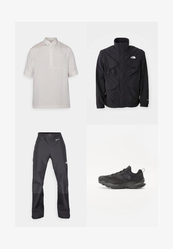 Čierna bunda s vysokým golierom, dvoma prednými vreckami so záklopkami, zipsovým uzatvorením a logom na hornej pravej strane. Ľahký, vonkajší dizajn.; Košeľa s krátkym rukávom a golierom z jemného béžového ľanu. Má polovičný gombíkový zapínací panel a jemnú textúru. Čistý, minimalistický dizajn.; Čierne nepremokavé nohavice s hladkým povrchom, so značkou GORE-TEX na prednej strane a zosilnenými dolnými nohavicami pre väčšiu odolnosť.; Čierna športová obuv s vrchnou časťou z jemnej sieťoviny, gumovou podrážkou a polstrovaným golierom. Obsahuje šnúrky, logo na strane a textúrovaný dizajn.