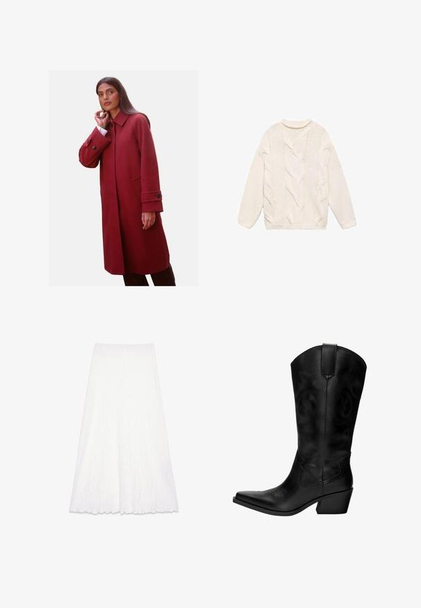 Rode wolmix jas met een hoge kraag, zijzakken en knoopmanchetten, met een getailleerde pasvorm en een zachte textuur.; Witte gebreide trui met een gebreid kabelpatroon, ronde hals en lange mouwen. Heeft ribgebreide manchetten en zoom.; Witte midi-rok van een textuurstof met een gekreukeld effect. Kenmerkt zich door een soepele tailleband en een uitlopende vorm, afgewerkt met een geschulpte zoom.; Zwarte leren cowboylaars met een spitse teen, middelhoge hak, decoratieve stitching en een trekband voor gemakkelijke aan- en uittrekken. Gladde textuur en hoge schacht.