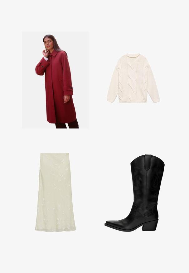 Crvena kaput od vune s visokim ovratnikom, bočnim džepovima i dugmadi na manžetama, s prilagođenim krojem i glatkom teksturom.; Bijela pletiva džemper s reljefnim uzorkom pletenice, okruglim izrezom i dugim rukavima. Ima rebraste manšete i donji rub.; Svijetlozelena midi suknja od prozirnog materijala, s delikatnom bijelom cvjetnom izvezenom dekoracijom i lepršavim A-linijskim siluetom.; Crne kožne kauboj čizme s oštrim vrhom, srednjim potplatom, dekorativnim šavovima i petljom za lakše obuvanje. Glatka tekstura i visoki okovratnik.
