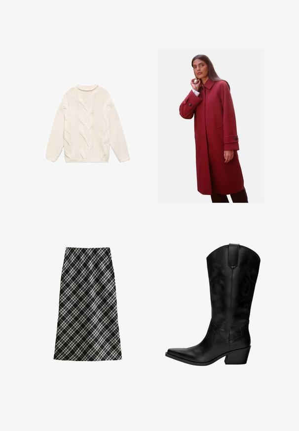 Czerwony płaszcz z mieszanki wełny, charakteryzujący się wysokim kołnierzem, bocznymi kieszeniami i mankietami na guziki, o dopasowanym kroju i gładkiej fakturze.; Biała dziergana sweterek z teksturowanym wzorem w warkocze, okrągłym dekoltem i długimi rękawami. Posiada ściągacze na mankietach i dole.; Czarna i biała spódnica w kratę, średniej długości, w kształcie litery A, z teksturowanej tkaniny, z krzyżującymi się liniami oraz geometrycznymi wzorami.; Czarne skórzane kowbojki z wydłużonym czubkiem, średnim obcasem, dekoracyjnym przeszyciem oraz pętelką ułatwiającą zakładanie. Gładka tekstura i wysoki cholewka.