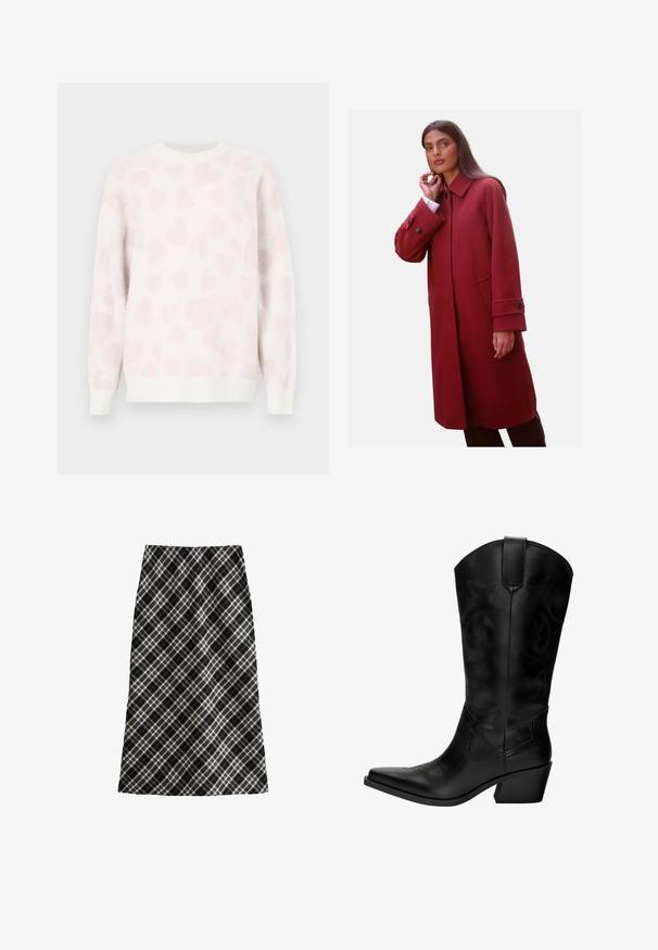 Red wool blend coat featuring a high collar, side pockets, and buttoned cuffs, with a tailored fit and smooth texture.; White sweater with a soft texture, featuring a pink heart pattern. Round neck and ribbed cuffs accentuate the design.; Black and white plaid skirt, mid-length, A-line silhouette, textured fabric, featuring crisscross lines and geometric patterns throughout.; Black leather cowboy boot with pointy toe, medium heel, decorative stitching, and pull tab for ease of wear. Smooth texture and tall shaft.