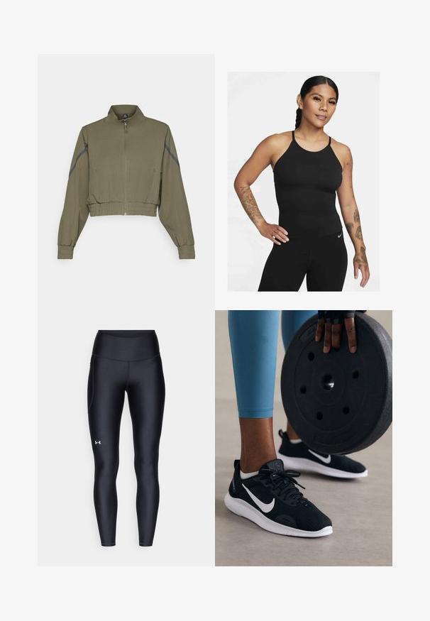 Olíva zöld, rövid fazonú dzseki magas gallérral, cipzáros záródással, rugalmas mandzsettákkal és oldalsó zsebekkel; sötétszürke oldalsávokkal rendelkezik.; Fekete sportos ujjatlan felső magas nyakkivágással és vékony pántokkal. Az anyag sima, testhez simuló fazonnal, hozzá illő leggings-szel párosítva.; Fekete leggings sima, rugalmas anyagból, magas derékkal. Bal combján fehér logó található, és testhezálló kialakítású.; Fekete sportcipők hálós felsőrésszel, fehér díszítésekkel és vastag fehér talppal. Az előtérben egy fekete súlyzótárcsa látható.