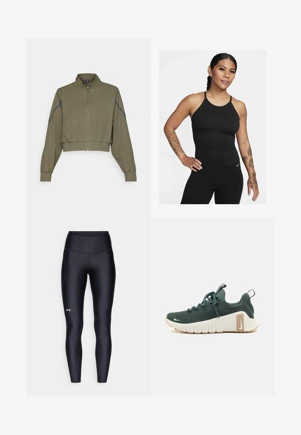 Olíva zöld, rövid fazonú dzseki magas gallérral, cipzáros záródással, rugalmas mandzsettákkal és oldalsó zsebekkel; sötétszürke oldalsávokkal rendelkezik.; Fekete sportos ujjatlan felső magas nyakkivágással és vékony pántokkal. Az anyag sima, testhez simuló fazonnal, hozzá illő leggings-szel párosítva.; Fekete leggings sima, rugalmas anyagból, magas derékkal. Bal combján fehér logó található, és testhezálló kialakítású.; Zöld sportcipő, textúrált szövet felsőrésszel, fehér középtalppal és barna talppal. Felszereltségéhez tartozik a fűző, a húzófül és egy kis logó az oldalon.