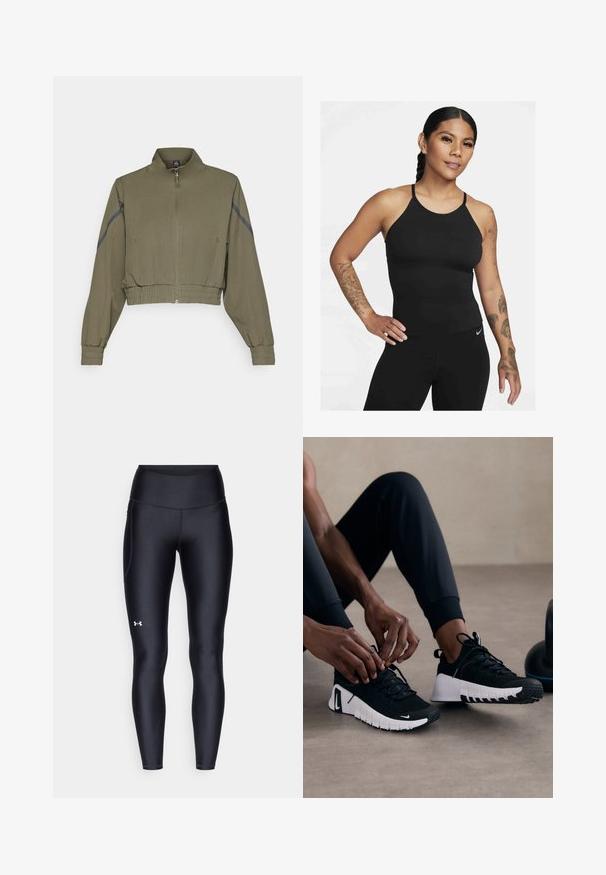 Olivenfarget kort jakke med høy krage, glidelås, elastiske mansjetter og sidelommer; har mørkegrå sidelister.; Svart idrettstopp med høy hals og tynne stropper. Stoffet er glatt med en tettsittende design, kombinert med matchende leggings.; Sorte leggings laget av glatt, elastisk materiale med høy midje. Har en hvit logo på venstre lår og en tettsittende design.; Sorte treningssko med teksturert svart overdel, hvit såle og gummisåle. Snøringen er bundet, noe som viser et strømlinjeformet design og logo.