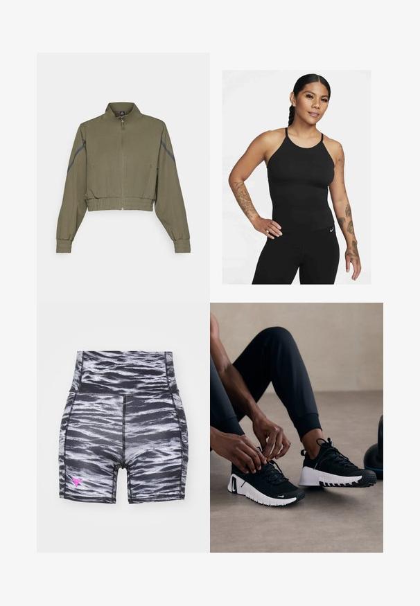 Olivově zelená kratší bunda s vysokým límcem, zipovým zapínáním, elastickými manžetami a bočními kapsami; obsahuje tmavě šedé boční pruhy.; Černý sportovní top s vysokým výstřihem a tenkými ramínky. Tkanina je hladká s přiléhavým střihem, doplněná o odpovídající legíny.; Dámské sportovní šortky s vysokým pasem v černo-šedém vlnkovém vzoru, vyrobené z pružného materiálu, s růžovým logem na přední straně.; Černé sportovní boty s texturovaným černým svrškem, bílou podrážkou a gumovým vzorem. Šněrování je zavázané, což ukazuje na elegantní design a logo.