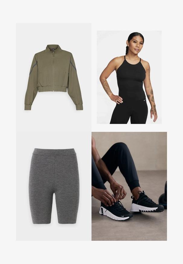 Olīvu zaļš īsa jaka ar augstu apkakli, rāvējslēdzēju, elastīgām piedurknēm un sānu kabatām; ar tumši pelēkiem sānu svītrojumiem.; Melnā sporta topa ar augstu kakla izgriezumu un plānām siksnām. Audums ir gluds ar pieguļošu dizainu, savienots ar saskaņotiem legingiem.; Pelēki adīti velosipēda šorti ar pieguļošu dizainu un gludu tekstūru, piedāvājot augstu jostas vietu un vidēja garuma kājas.; Melnas sporta kurpes ar strukturētu melnu virsu, baltu zoli un gumijas protektoru. Saiti ir sasietas, uzrādot elegantu dizainu un logo.