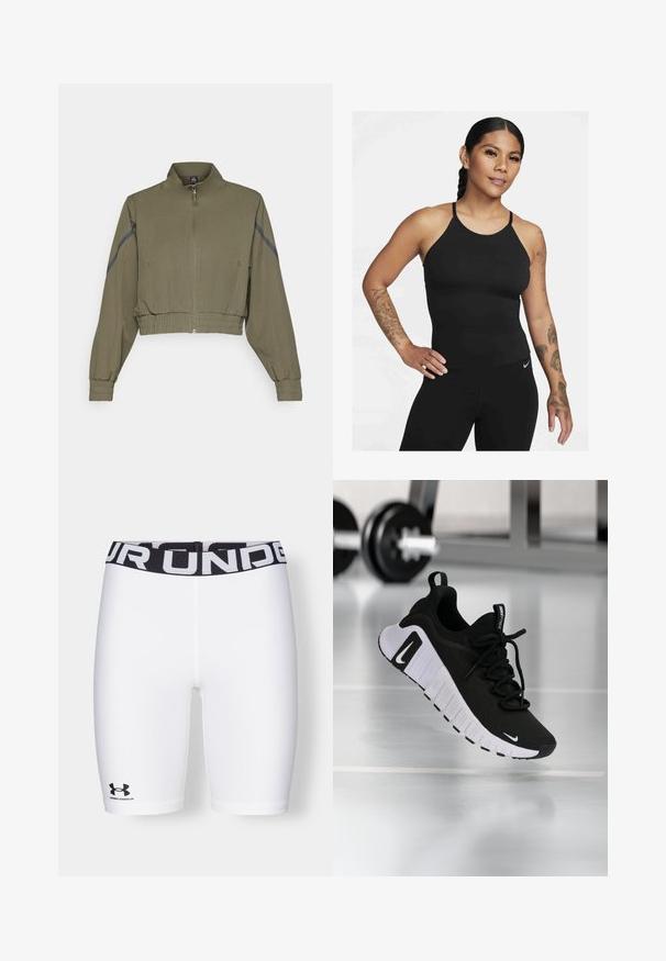 Olive green cropped jacket with high collar, zip closure, elastic cuffs, and side pockets; features dark gray side stripes.; Black athletic tank top with a high neckline and thin straps. The fabric is smooth with a fitted design, paired with matching leggings.; Under Armour AUTHENTICS SHORT - Leggings - white/black; Black athletic shoe with a textured fabric upper, white sole, and prominent lacing system. Features a Nike logo and soft, cushioned design.