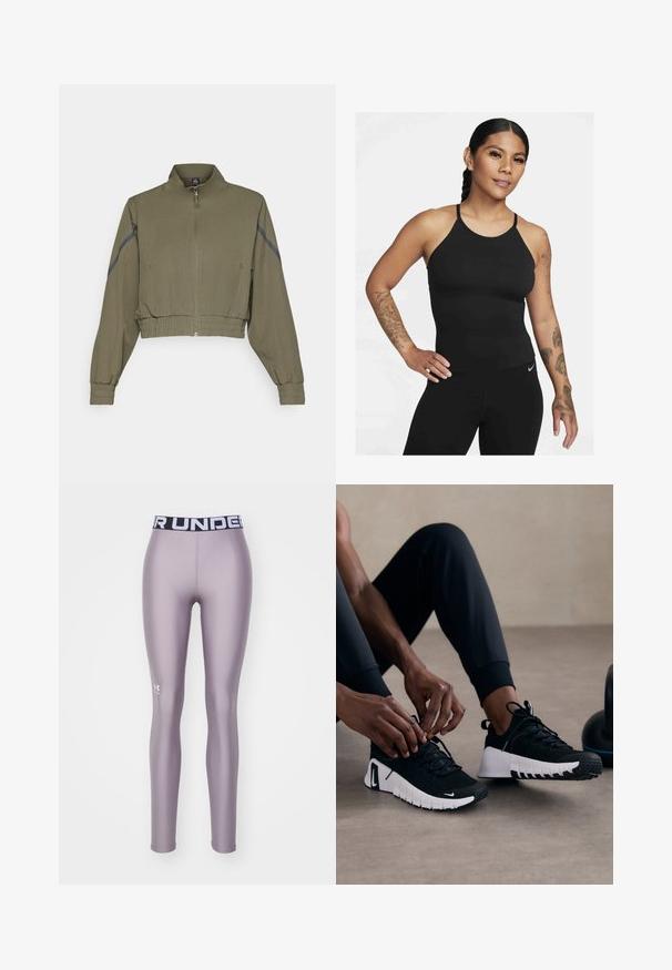 Olive green cropped jacket with high collar, zip closure, elastic cuffs, and side pockets; features dark gray side stripes.; Black athletic tank top with a high neckline and thin straps. The fabric is smooth with a fitted design, paired with matching leggings.; Leggings in light purple, made of smooth, stretchy material. Features a black waistband with "UNDER ARMOUR" printed in white. Logo on the leg.; Black athletic shoes with a textured black upper, white sole, and rubber tread. Laces are tied, showing a sleek design and logo.