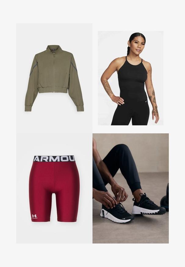 Veste courte olive avec col haut, fermeture éclair, poignets élastiques et poches latérales ; présente des bandes latérales gris foncé.; Débardeur de sport noir avec un col haut et des bretelles fines. Le tissu est lisse avec une coupe ajustée, associé à des leggings assortis.; Shorts de compression rouges avec une ceinture élastique noire arborant le texte blanc "ARMOUR" et le logo Under Armour sur la jambe inférieure gauche.; Chaussures de sport noires avec une tige texturée noire, semelle blanche et semelle en caoutchouc. Les lacets sont noués, montrant un design élégant et un logo.