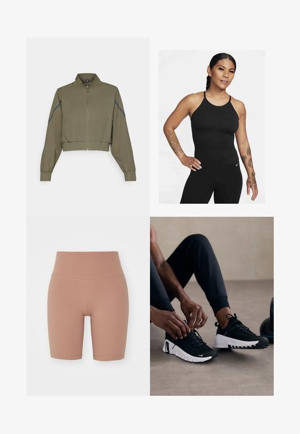 Vihreä oliivinvärinen lyhyt takki, jossa on korkea kaulus, vetoketju, joustavat hihansuut ja sivutaskut; sisältää tummanharmaat sivupaneelit.; Mustat urheilu-topit, joissa on korkea kaula-aukko ja ohuet hihnat. Kangas on sileä ja istuvuus on tiukka, ja se on yhdistetty yhteensopiviin legginsseihin.; Korkeavyötäröiset pyöräilyshortsit beige värissä, joustavasta materiaalista valmistettu, jossa on sileä pinta ja siistit saumat mukavuutta ja istuvuutta varten.; Mustat urheilukengät, joissa on tekstuurinen musta päällinen, valkoinen pohja ja kuminen pito. Narut on sidottu, mikä korostaa tyylikästä muotoilua ja logoa.