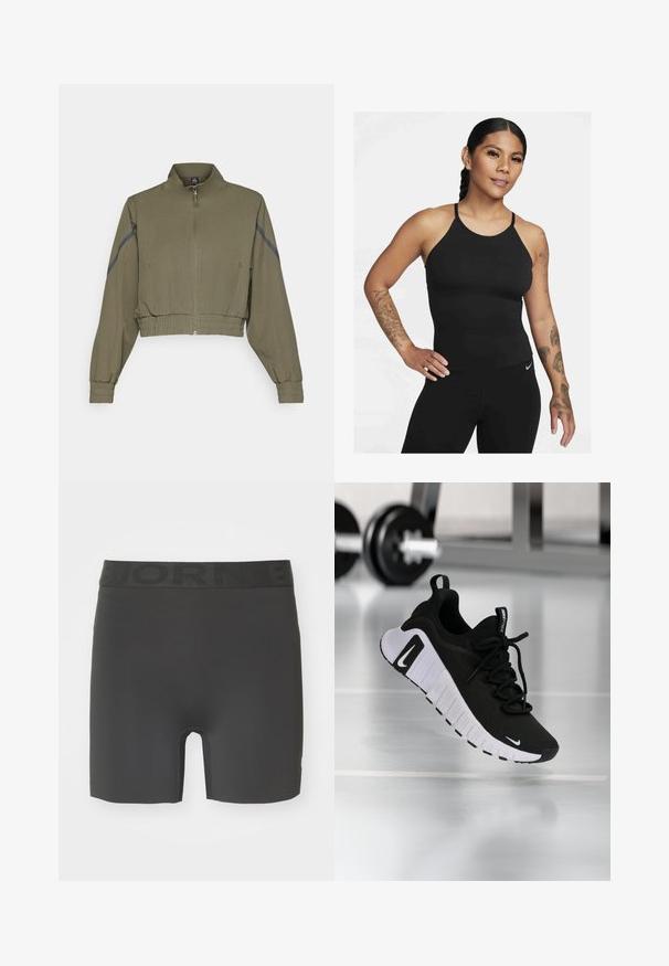 Olive green cropped jacket with high collar, zip closure, elastic cuffs, and side pockets; features dark gray side stripes.; Black athletic tank top with a high neckline and thin straps. The fabric is smooth with a fitted design, paired with matching leggings.; Black athletic shorts made from a stretchy material. Features an elastic waistband with raised lettering and a mid-thigh length design.; Black athletic shoe with a textured fabric upper, white sole, and prominent lacing system. Features a Nike logo and soft, cushioned design.
