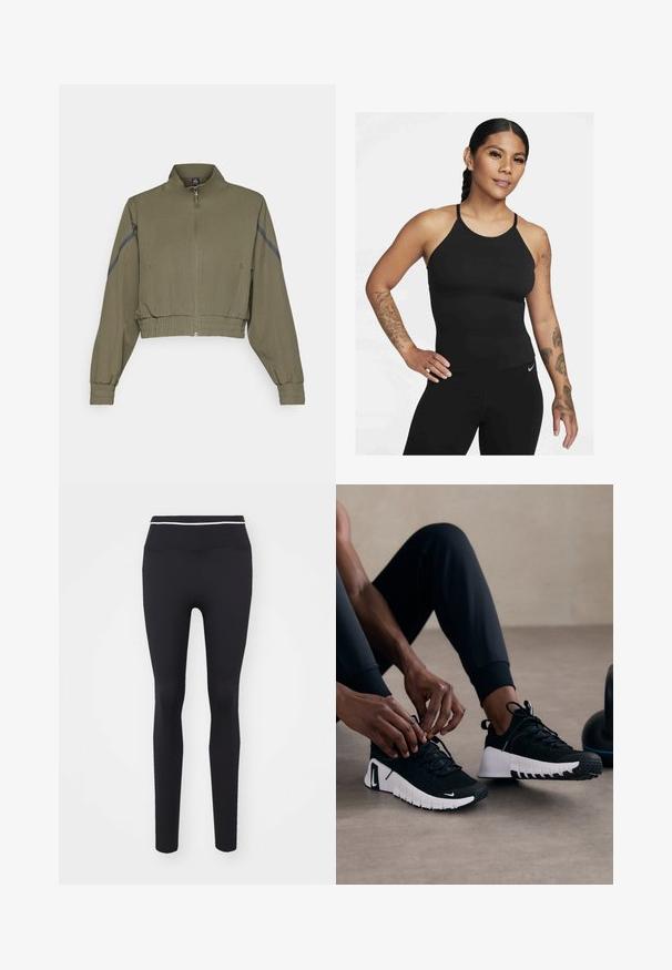 Olivno zelena krajšana jakna z visokim ovratnikom, zadrgo, elastičnimi manžetami in stranskimi žepi; vsebuje temnosive stranske črtice.; Črni športni top brez rokavov z visokim ovratnikom in tankimi naramnicami. Tkanina je gladka z prilegajočim se dizajnom, v kombinaciji z ujemajočimi se legicami.; Črne legice iz raztegljive tkanine, z visokim pasom in tanko belo črto na vrhu. Gladka tekstura in prilegajoč dizajn.; Črne športne čevlje z strukturiranim črnim zgornjim delom, belim podplatom in gumijastim profilom. vezalke so zavezane, kar kaže na eleganten dizajn in logotip.