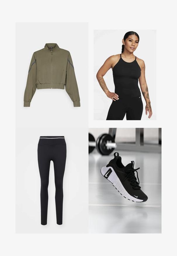 Olíva zöld, rövid fazonú dzseki magas gallérral, cipzáros záródással, rugalmas mandzsettákkal és oldalsó zsebekkel; sötétszürke oldalsávokkal rendelkezik.; Fekete sportos ujjatlan felső magas nyakkivágással és vékony pántokkal. Az anyag sima, testhez simuló fazonnal, hozzá illő leggings-szel párosítva.; Fekete leggings rugalmas anyagból, magas derékkal, a tetején vékony fehér csíkkal. Sima textúra és testhez álló kialakítás.; Fekete atlétikai cipő texturált szövet felsőrésszel, fehér talppal és hangsúlyos fűzőrendszerrel. Nike logóval és puha, párnázott kialakítással.
