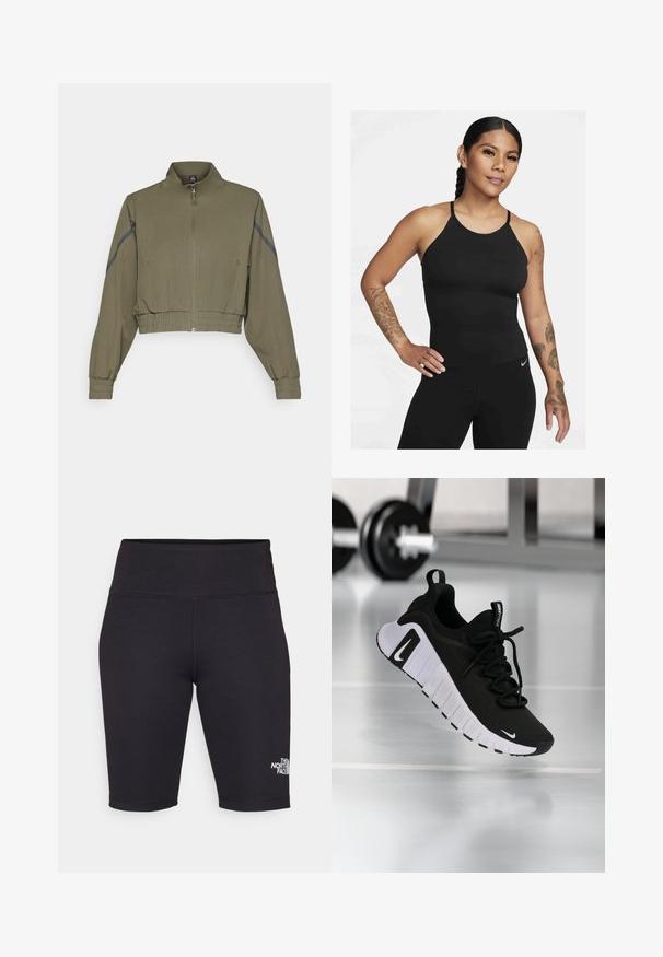 Olivenfarget kort jakke med høy krage, glidelås, elastiske mansjetter og sidelommer; har mørkegrå sidelister.; Svart idrettstopp med høy hals og tynne stropper. Stoffet er glatt med en tettsittende design, kombinert med matchende leggings.; Svarte sykkelshorts laget av stretchstoff, med høy midje og en liten hvit logo på venstre side. Glatt tekstur, kne-lengde.; Sort atletikksko med overdel i teksturert stoff, hvit såle og fremtredende snøresystem. Har en Nike-logo og myk, polstret design.