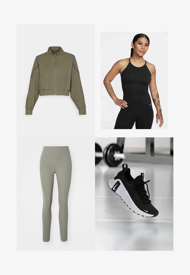 Olīvu zaļš īsa jaka ar augstu apkakli, rāvējslēdzēju, elastīgām piedurknēm un sānu kabatām; ar tumši pelēkiem sānu svītrojumiem.; Melnā sporta topa ar augstu kakla izgriezumu un plānām siksnām. Audums ir gluds ar pieguļošu dizainu, savienots ar saskaņotiem legingiem.; Nike Performance ZENVY HR 7/8 - Legingi - light army; Melns sporta apavu ar teksturētu auduma augšdaļu, baltu zolīti un izteiktu auklas sistēmu. Tajā ir Nike logotips un mīksts, spilventiņots dizains.