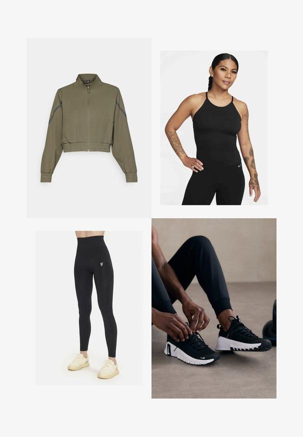 Olīvu zaļš īsa jaka ar augstu apkakli, rāvējslēdzēju, elastīgām piedurknēm un sānu kabatām; ar tumši pelēkiem sānu svītrojumiem.; Melnā sporta topa ar augstu kakla izgriezumu un plānām siksnām. Audums ir gluds ar pieguļošu dizainu, savienots ar saskaņotiem legingiem.; Augsti jostas melni legingi ar teksturētu rakstu uz augšstilbiem, ar mazu baltu logo kreisajā pusē un gludu, elastīgu materiālu.; Melnas sporta kurpes ar strukturētu melnu virsu, baltu zoli un gumijas protektoru. Saiti ir sasietas, uzrādot elegantu dizainu un logo.