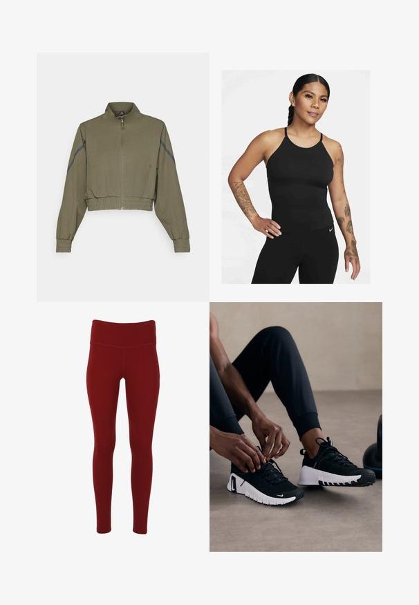 Olijfgroene gecropte jas met hoge kraag, ritssluiting, elastische mouwen en zijzakken; heeft donkergrijze zijstrepen.; Zwarte sporttop met een hoge halslijn en dunne banden. De stof is glad met een aansluitend ontwerp, gecombineerd met bijpassende legging.; Rode, strakke leggings van rekbaar materiaal, met een hoge tailleband en een gladde textuur zonder zichtbare patronen of hardware.; Zwarte sportieve schoenen met een geëtste zwarte bovenkant, witte zool en rubberen loopvlak. De veters zijn gestrikt, wat een slank ontwerp en logo laat zien.